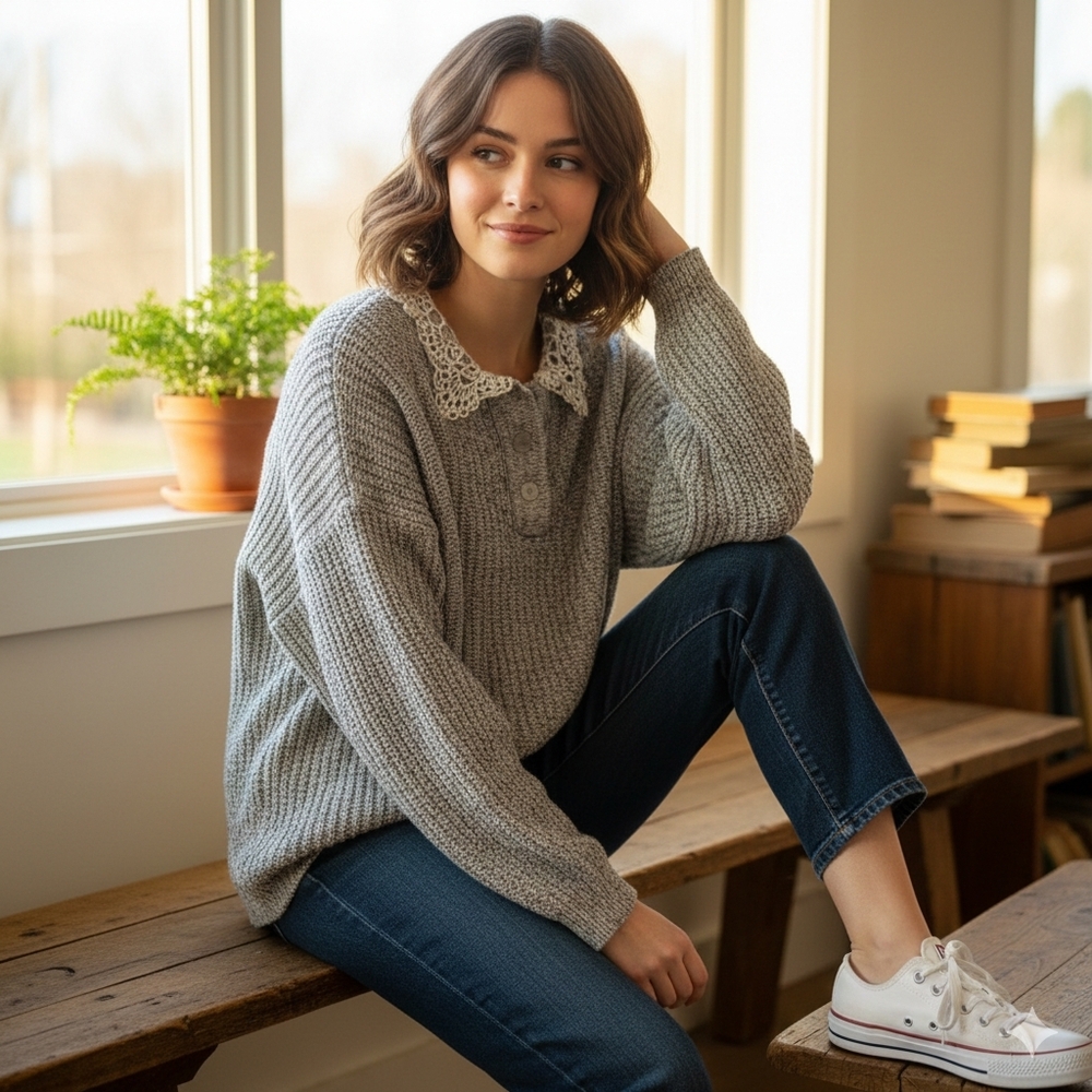 Chunky Knit Crewneck Sweater with Crochet Collar - Gray